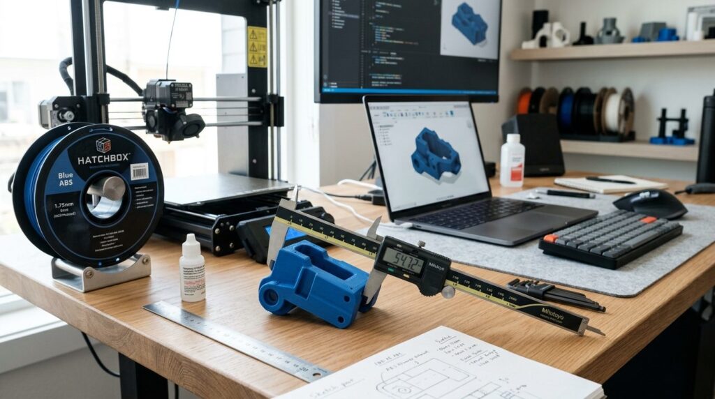 Modern tech workspace scene featuring a 3D printed prototype