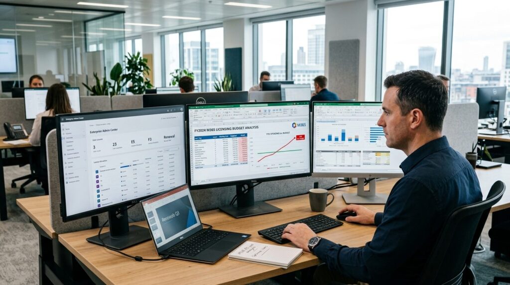 Financial analysis scene: IT manager reviewing licensing cos