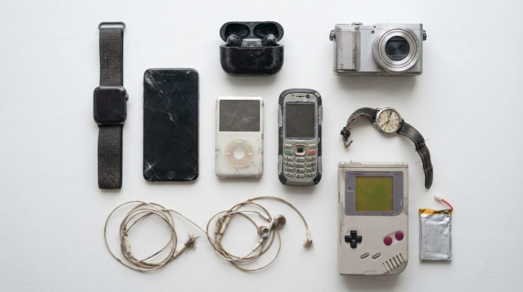 Flat lay product photography of various consumer electronics