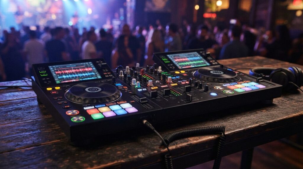 Close-up of a portable standalone DJ system with built-in de