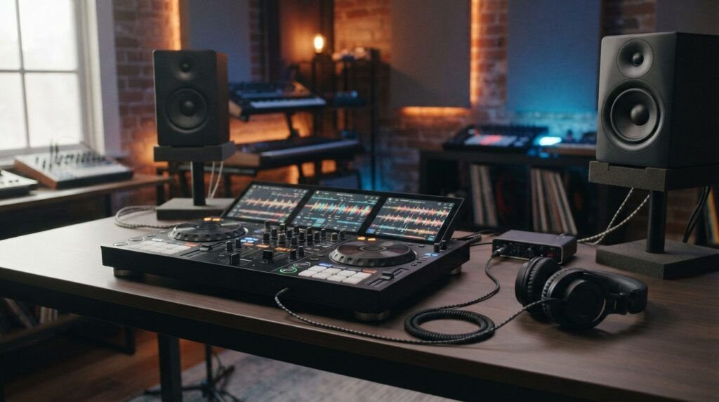Modern DJ controller connected to wireless headphones and sp