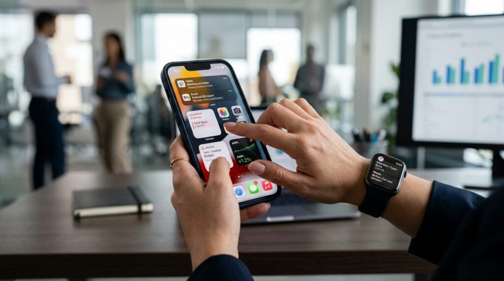 Close-up fotorealistic stock photo of hands holding a smartp