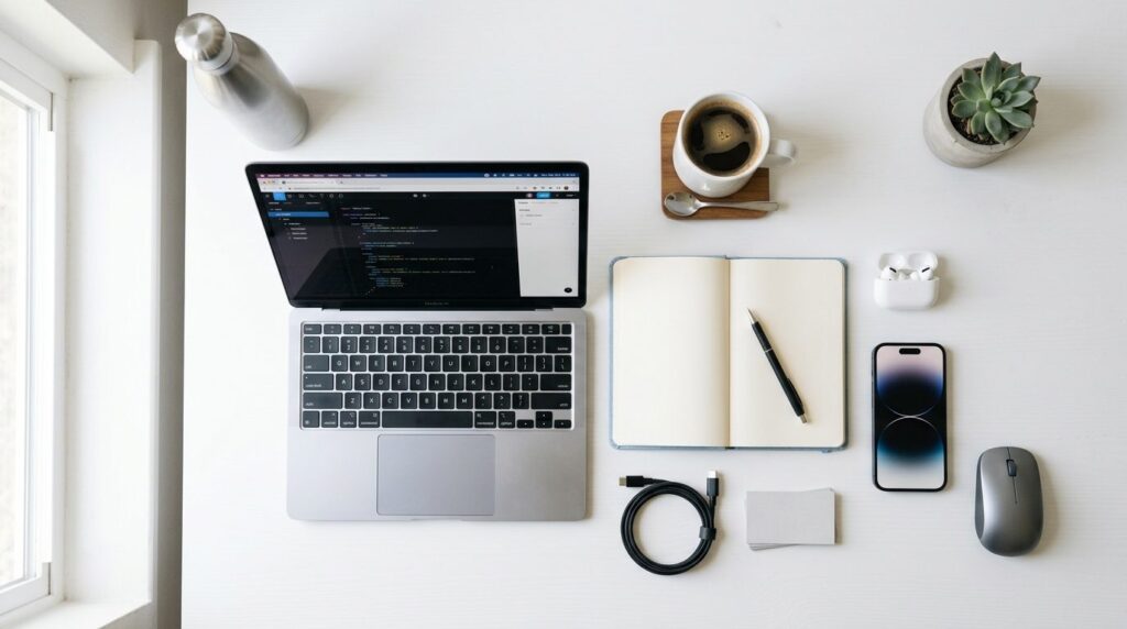 Overhead flat lay fotorealistic image of digital startup ess