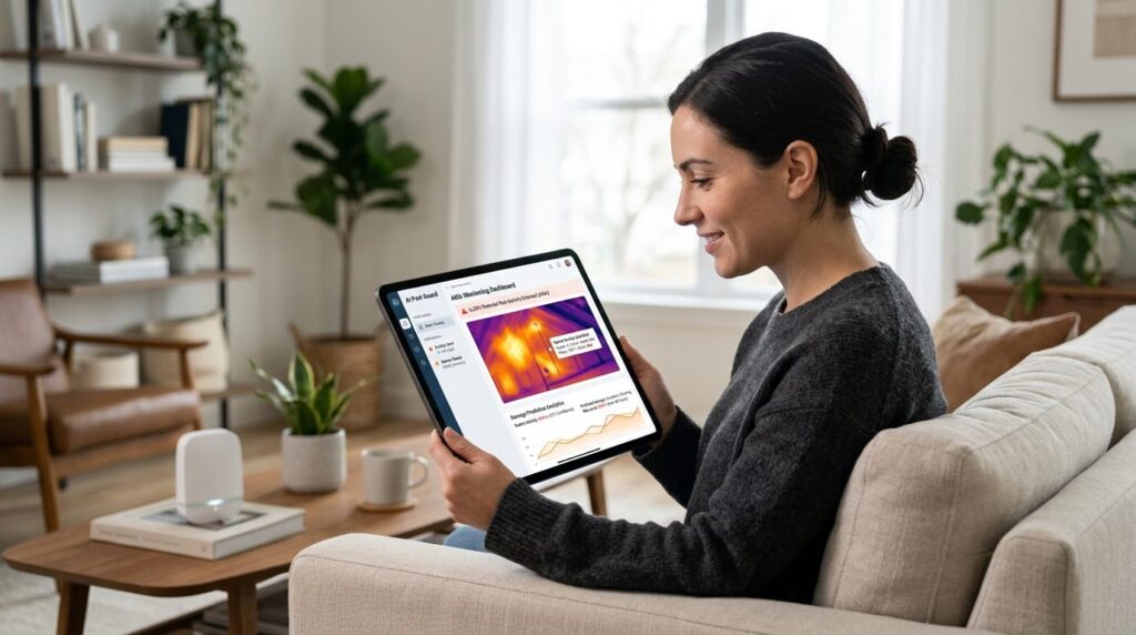 Professional photorealistic image of a homeowner viewing a m